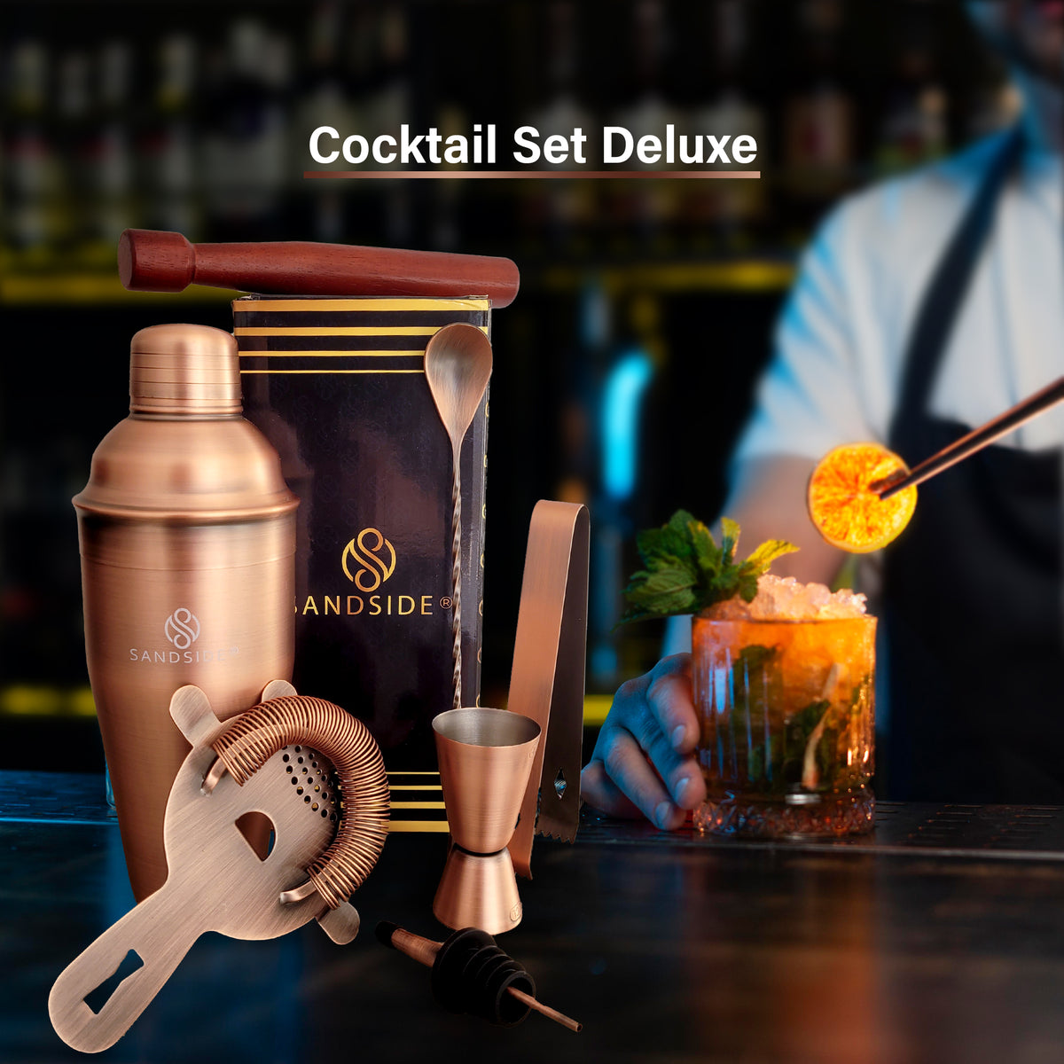 Cocktailset 7-teilig Spitzenklasse - Cocktailshaker 750ml - Luxus-Geschenkbox